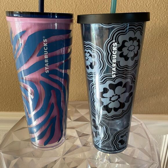 Starbucks Blue Wave Abstract Flower Tumbler Zebra Print Tumbler 24 ounces - Picture 14 of 14